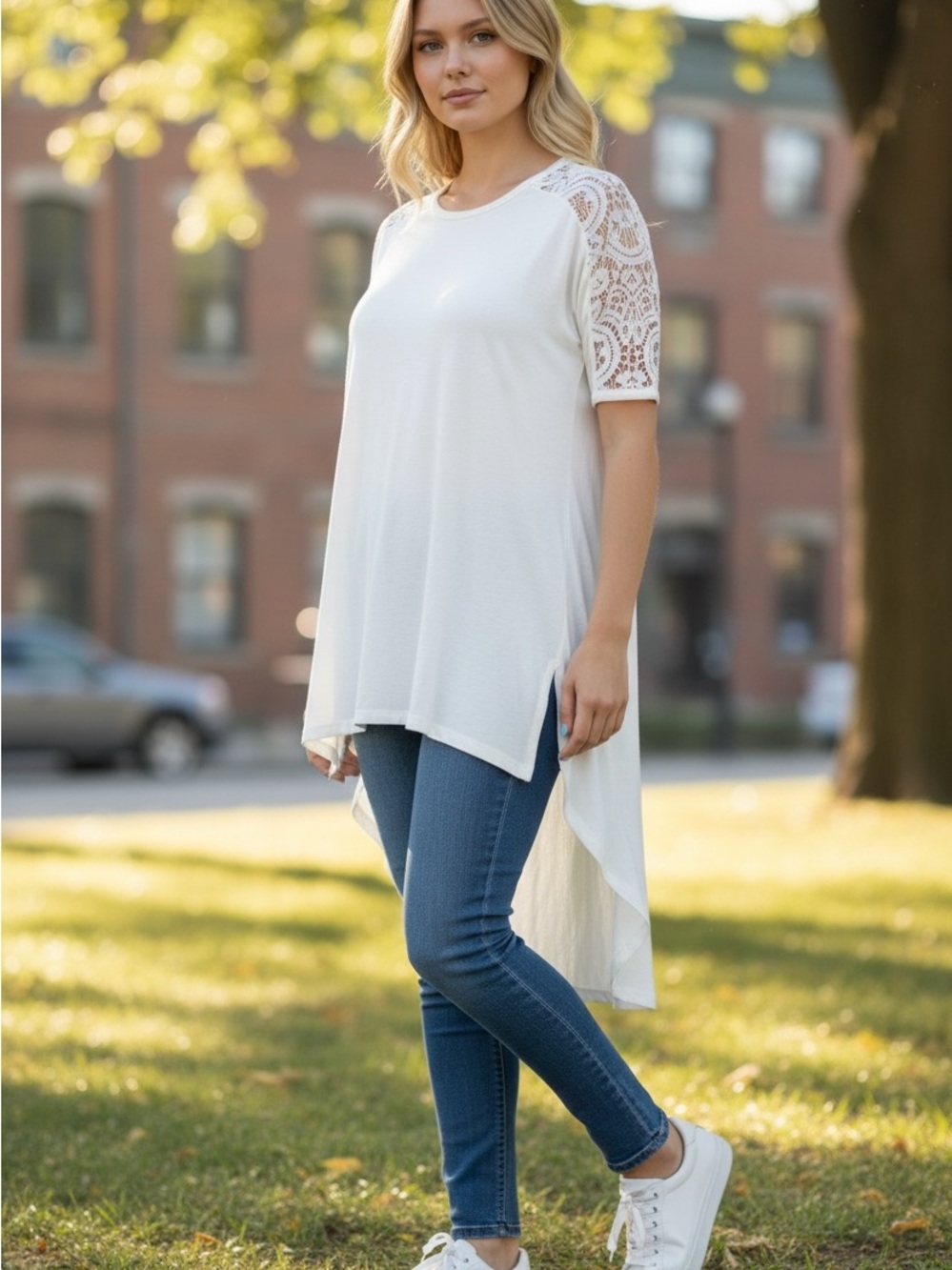 Zenana Outfitters White Lace Shoulder Tunic - Picture 3 of 7